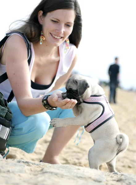 Молода жінка годує свого собаку — стокове фото
