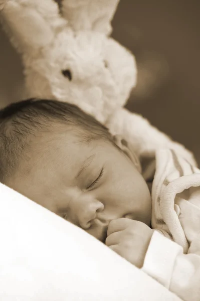 Младенец, спящий рядом со сторожем — стоковое фото