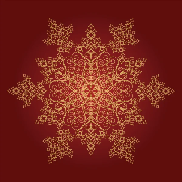 Floco de neve único dourado detalhado no fundo vermelho — Vetor de Stock