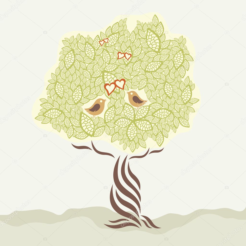 Two love birds and stylized tree