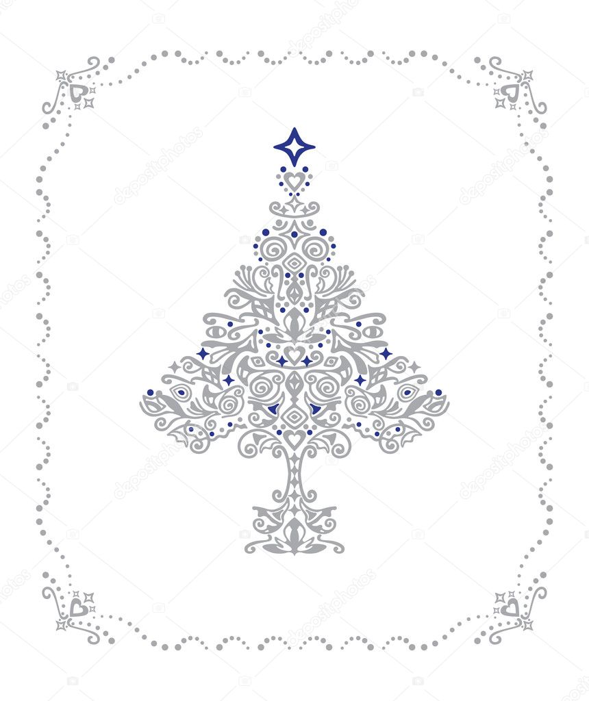 Detailed silver Christmas tree ornament in a frame