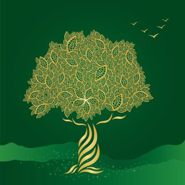 Golden stylized tree on green background clipart