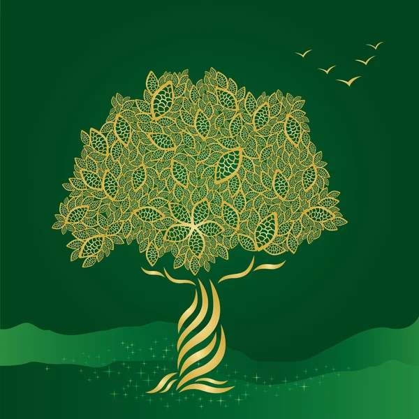 Golden stylized tree on green background — Stock Vector