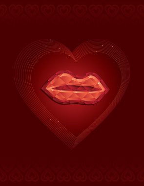 Red diamond lips wrapped in outlined hearts on red patterned background. This image is a vector illustration. clipart