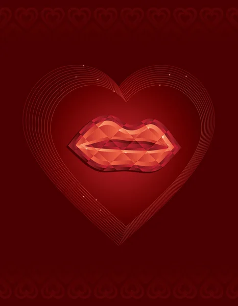 红色菱形嘴唇裹所概述的心在红色图案的背景 这个图像是矢量图 — 图库矢量图片