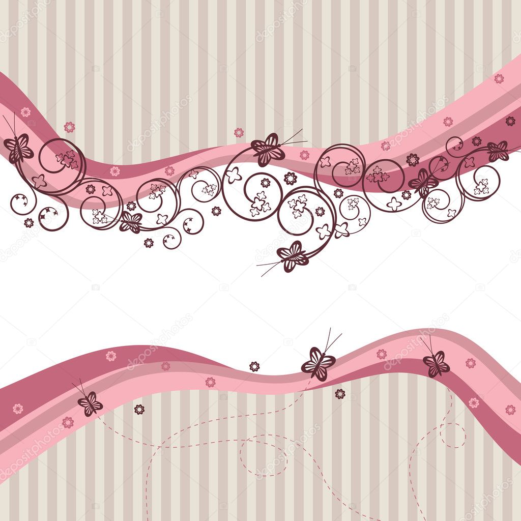 Pink waves, swirls and butterflies. Can be used as 2 separate border elements.