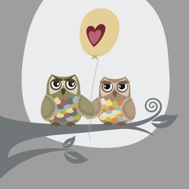 Two owls and love balloon illustration clipart