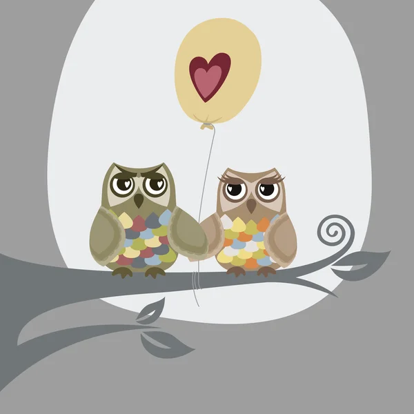 Twee uilen en liefde ballon illustratie — Stockvector