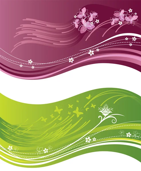 ピンクと緑の花柄の波状バナー このイメージは ベクトル イラストです — ストックベクタ