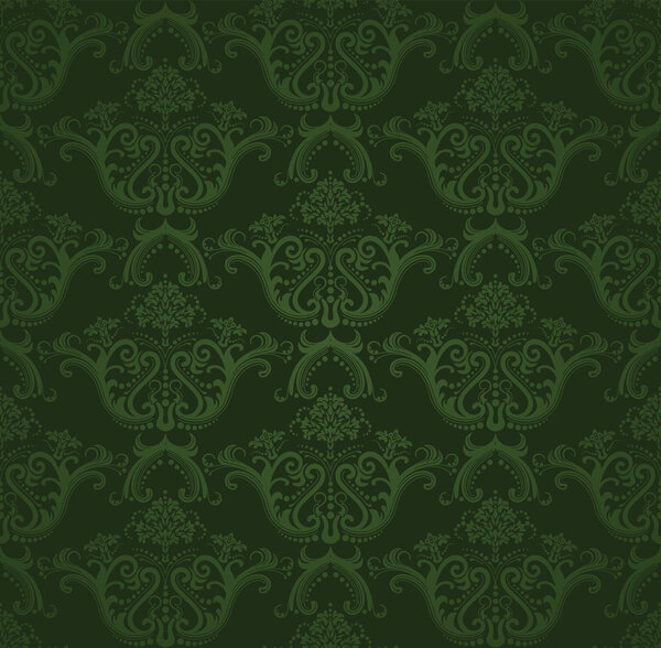 Seamless dark green floral wallpaper. This image is a vector illustration.