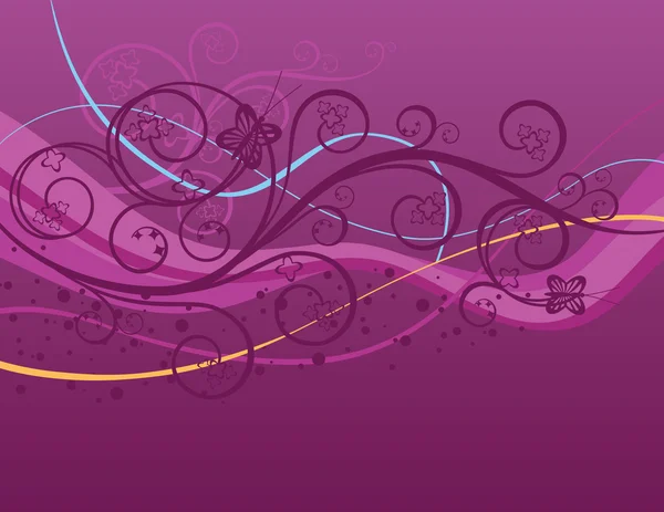 紫色波浪式、 漩涡和蝴蝶背景 — 图库矢量图片