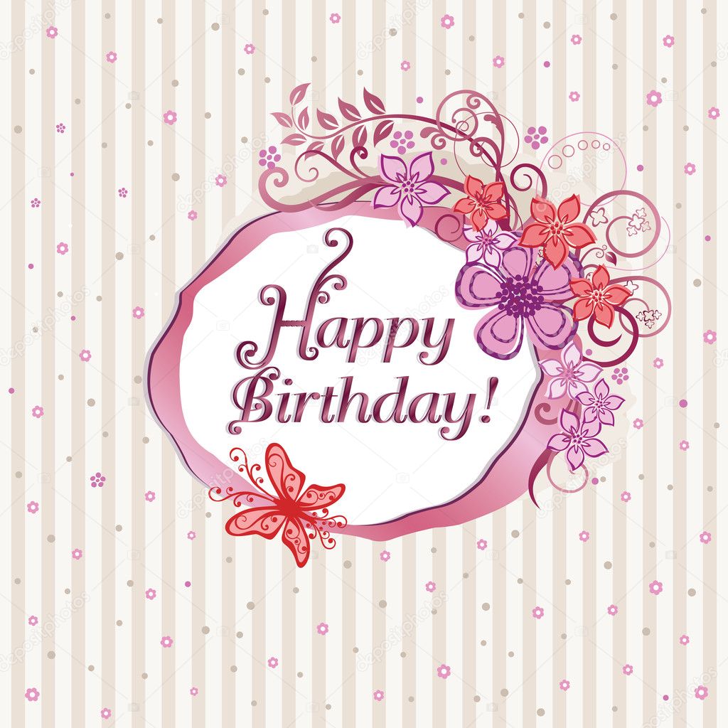 Pink floral happy birthday card. This image is a vector illustration.