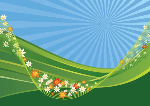 Paisagem Primavera Com Colinas Verdes Flores Uma Rede Esta Imagem —  Vetores de Stock