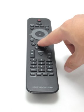 Finger holding a remote control with isolated on white clipart