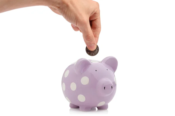 Hand inserting coin into piggy bank — Stock Photo, Image