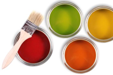 Colorful paint buckets with paintbrush clipart