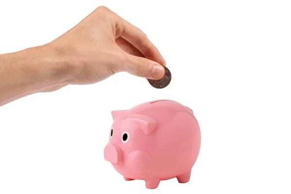 Hand is putting money into piggy bank — Stock Photo, Image