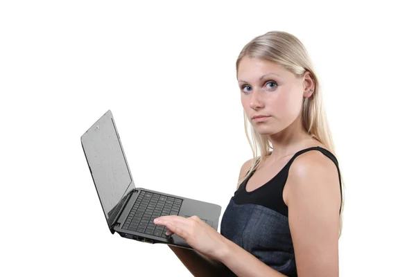Woman with laptop in hands isolated on white — Stock Photo, Image