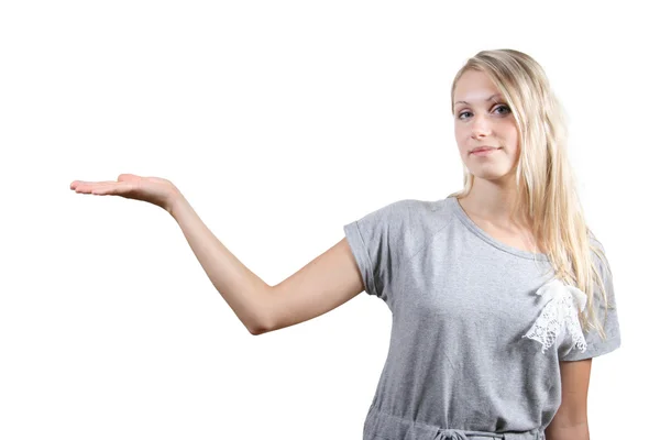 Woman presenting your product — Stock Photo, Image