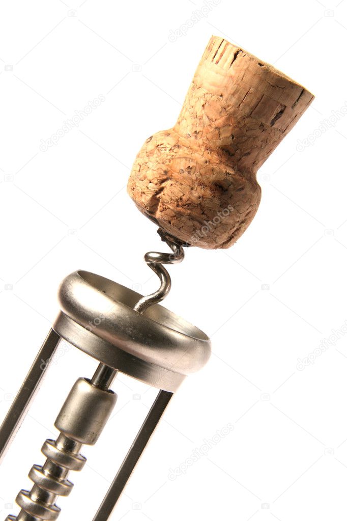 Corkscrew and cork on isolated white background