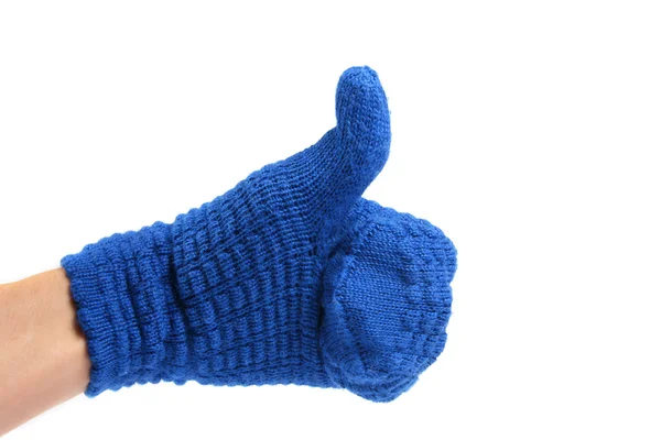 Χέρι με μπλε mitten και τον αντίχειρα επάνω — Φωτογραφία Αρχείου