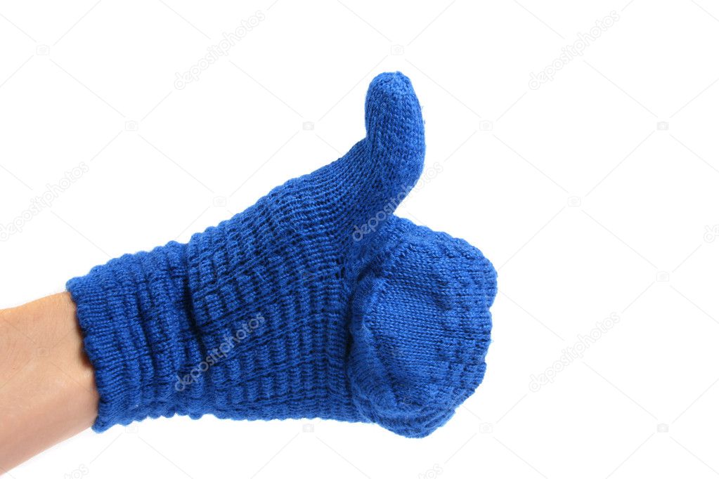 Hand with blue mitten and thumb up