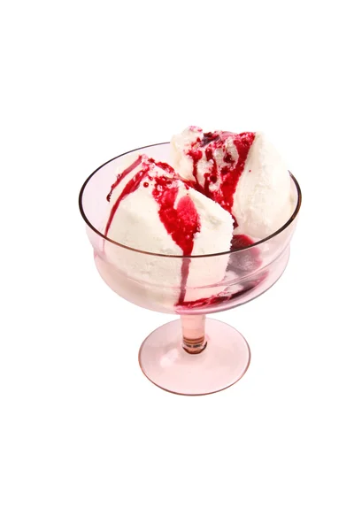 stock image Ice cream with red syrup in glass bowl