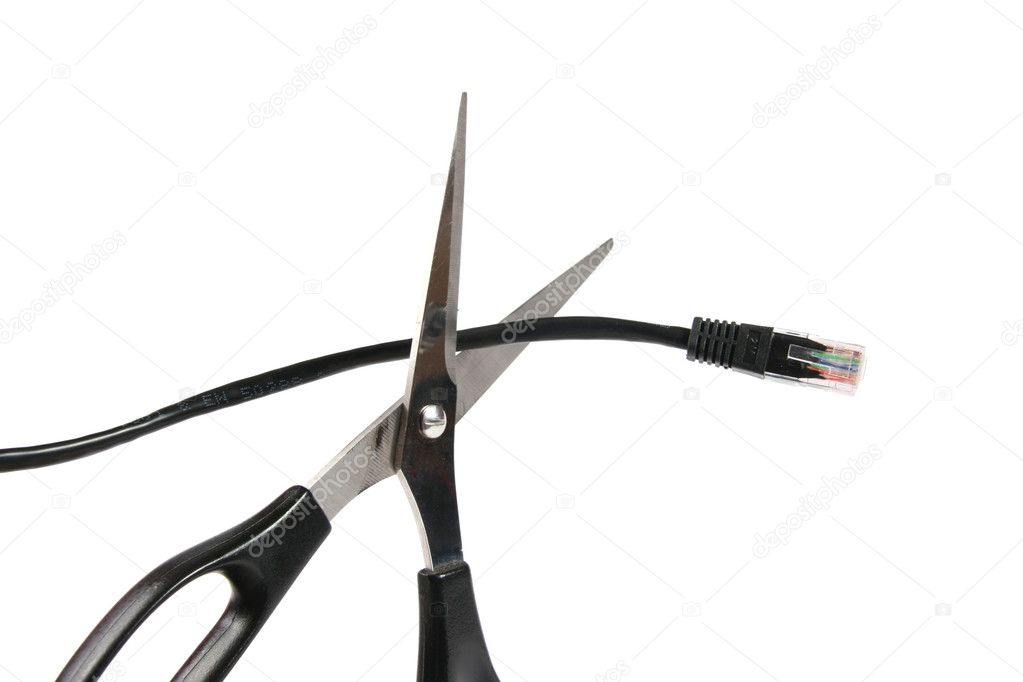 Scissors cutting a network cable