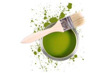 Green paint can with brush and color stains clipart