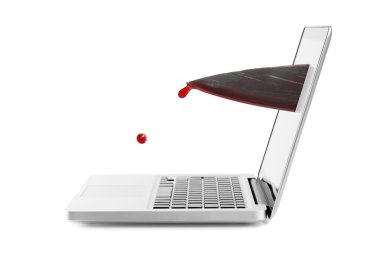 Internet violence concept - bloody knife out of laptop screen clipart