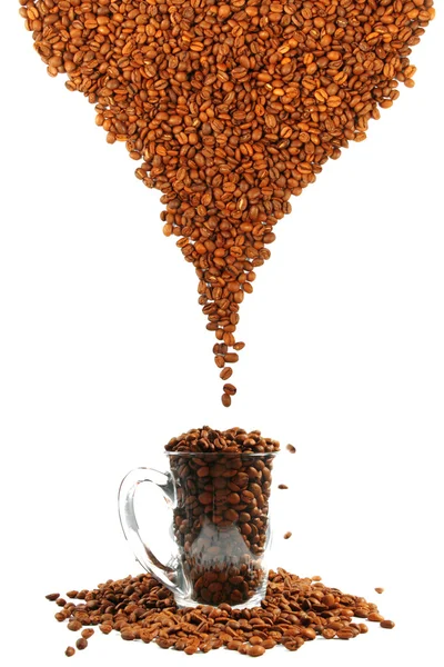 Kaffeebohnen fallen in eine Tasse — Stockfoto