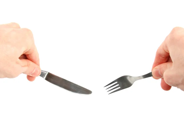 Messer Und Gabel Den Händen Isoliert Auf Weißem Hintergrund — Stockfoto