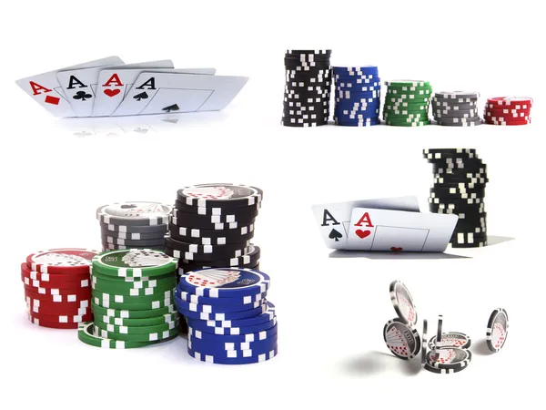 Casino Öğeler Kümesi Yongaları Beyaz Arka Plan Üzerinde Izole Kartları — Stok fotoğraf