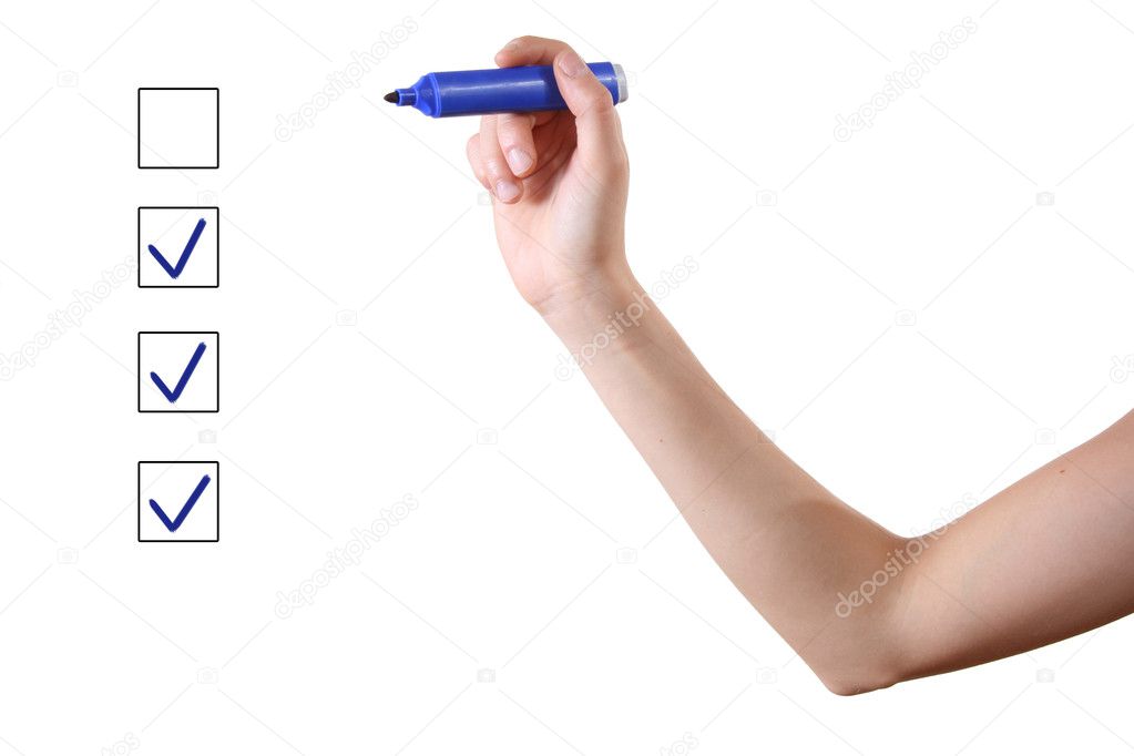 Hand with blue marker and check boxes on white background