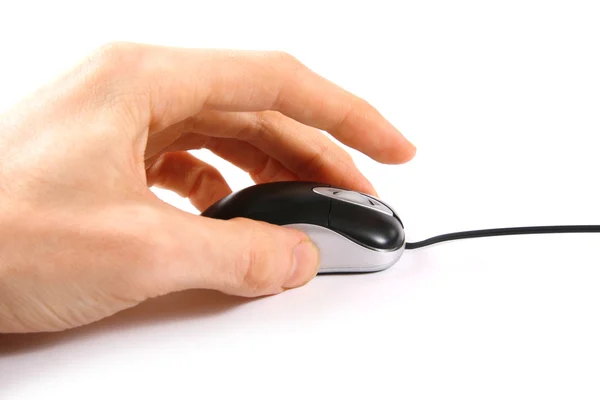 Hand clicking computer mouse isolated on white — Stock Photo, Image