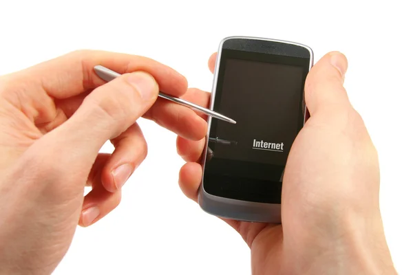 Telefon z ekranem dotykowym, w rękach — Zdjęcie stockowe