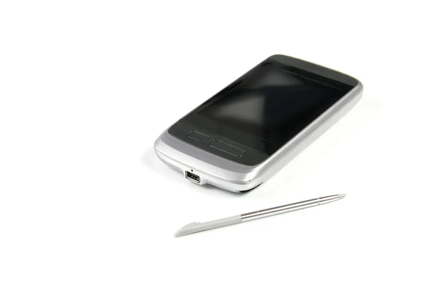Мобільний телефон з сенсорним екраном ізольовано на білому — стокове фото