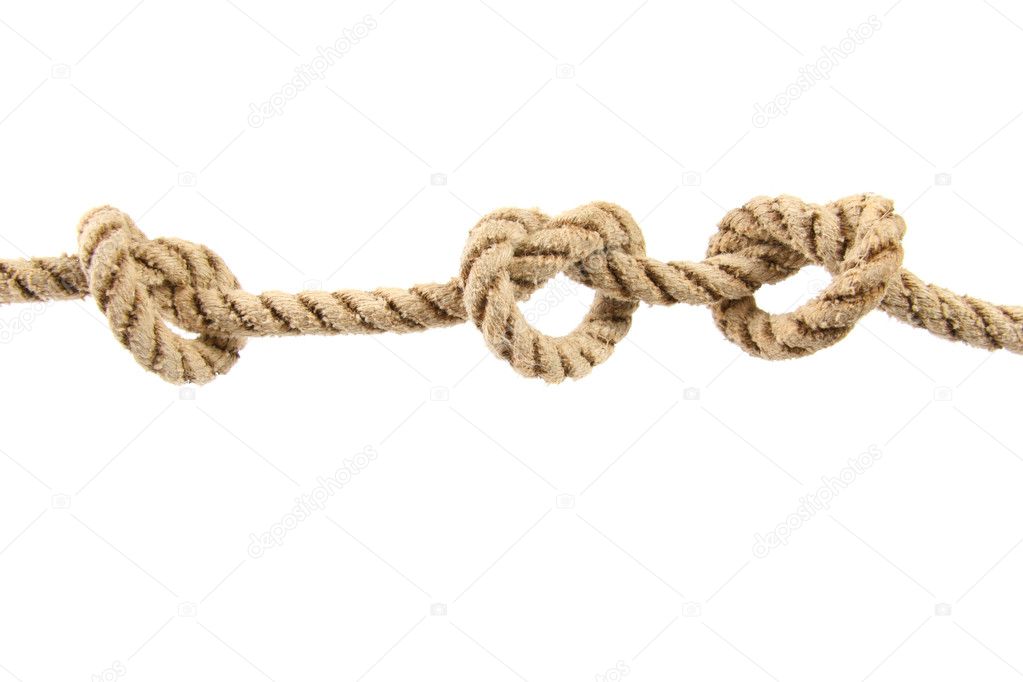 Rope with three knots isolated on white