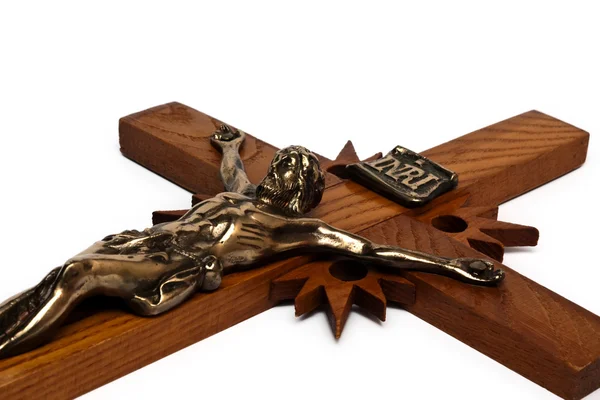 Cruz Madera Con Crucifixión Oro Jesucristo —  Fotos de Stock
