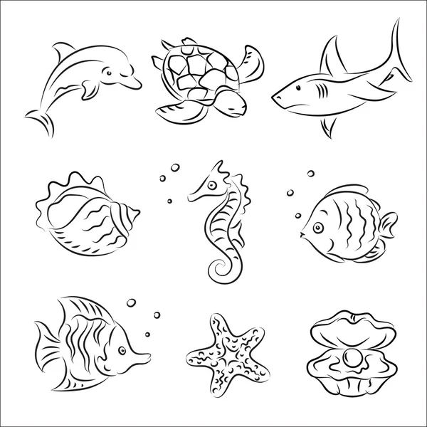 Sea Life Vector Sketch Set — Stock Vector