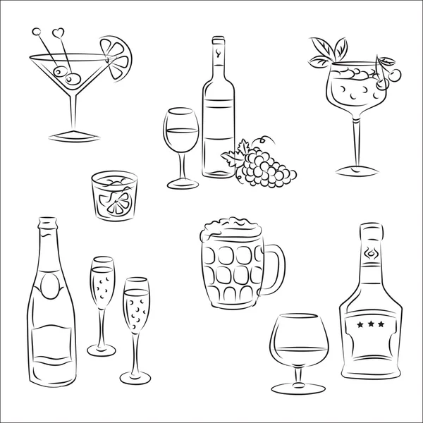 Sada vektorové skici "alkoholické nápoje a koktejly" — Stockový vektor