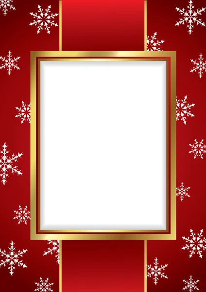 Marco dorado con fondo rojo y copos de nieve — Archivo Imágenes Vectoriales