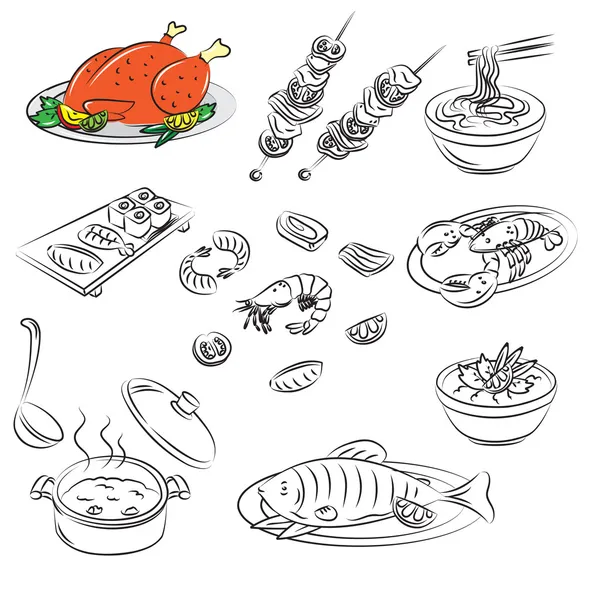 Croquis vectoriel Collection d'aliments à base de viande — Image vectorielle