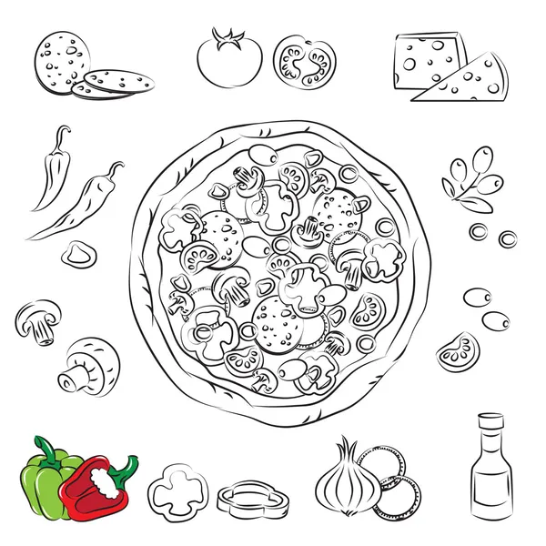 Vector schets collectie van pizza en ingrediënt — Stockvector