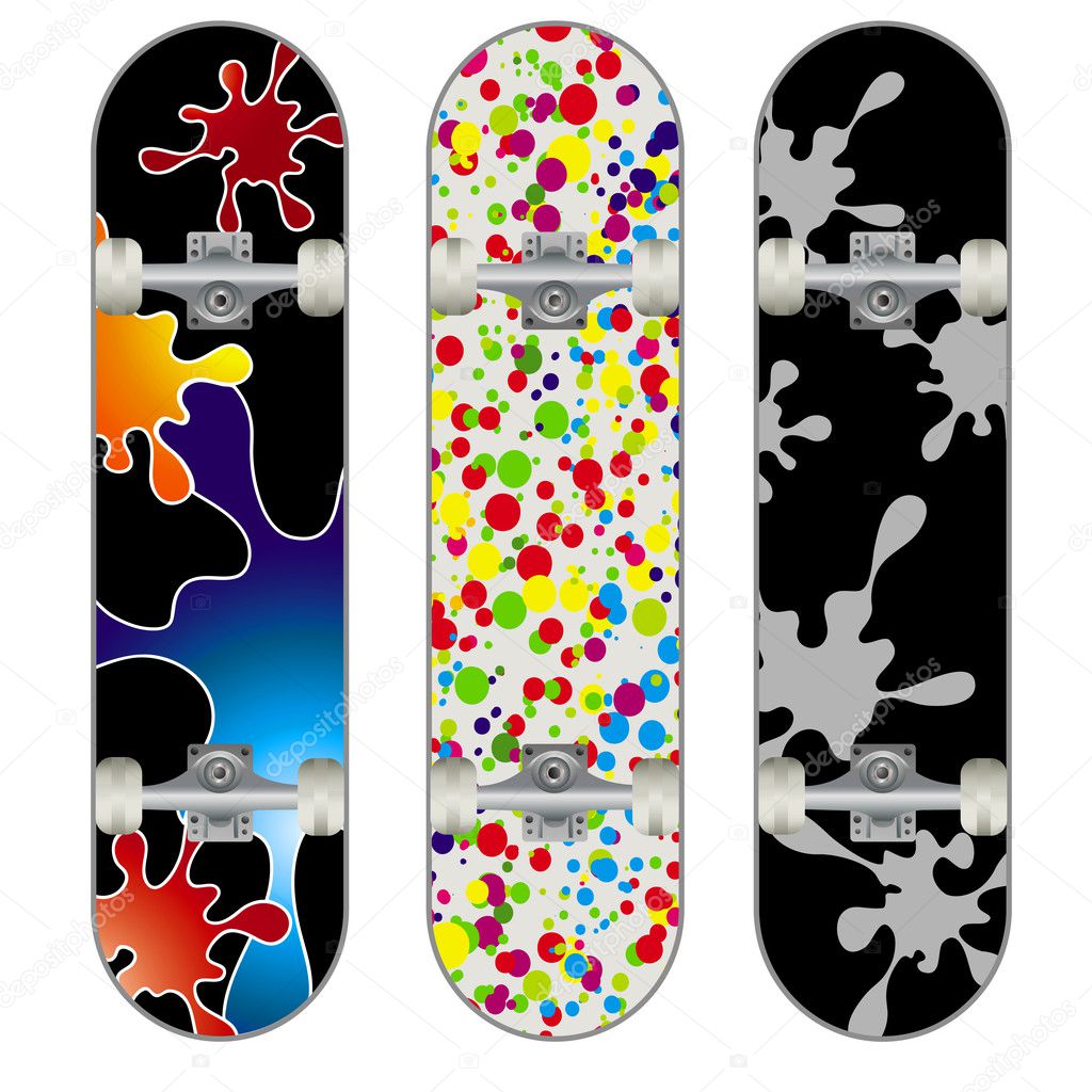 Three skateboard colorful designs