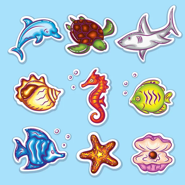 Colorful Vector Stickers Set of Sea Fauna — Stock Vector