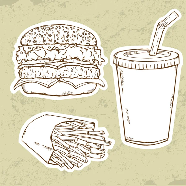 Hamburger, patates kızartması ve içecek — Stok Vektör