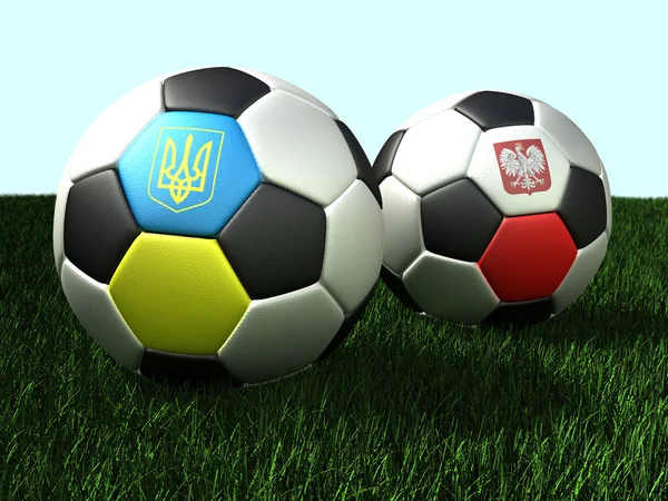 Fußball-Bälle auf Gras, 3D-Illustration — Stockfoto