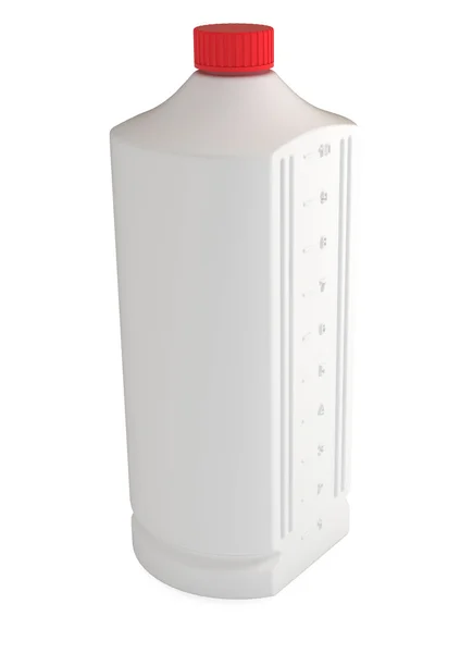 Bottiglia di plastica bianca con misure, isolata su bianco — Foto Stock