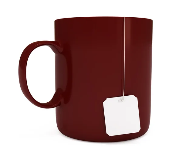 Tasse rouge avec étiquette de sachet de thé blanc, isolée sur blanc — Photo